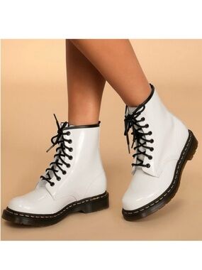 Dr. Martens White Patent Lace-Up Combat Boots with Black Trim